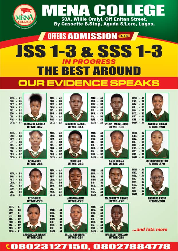 Mena College JAMB results poster showing outstanding UTME scores including 347